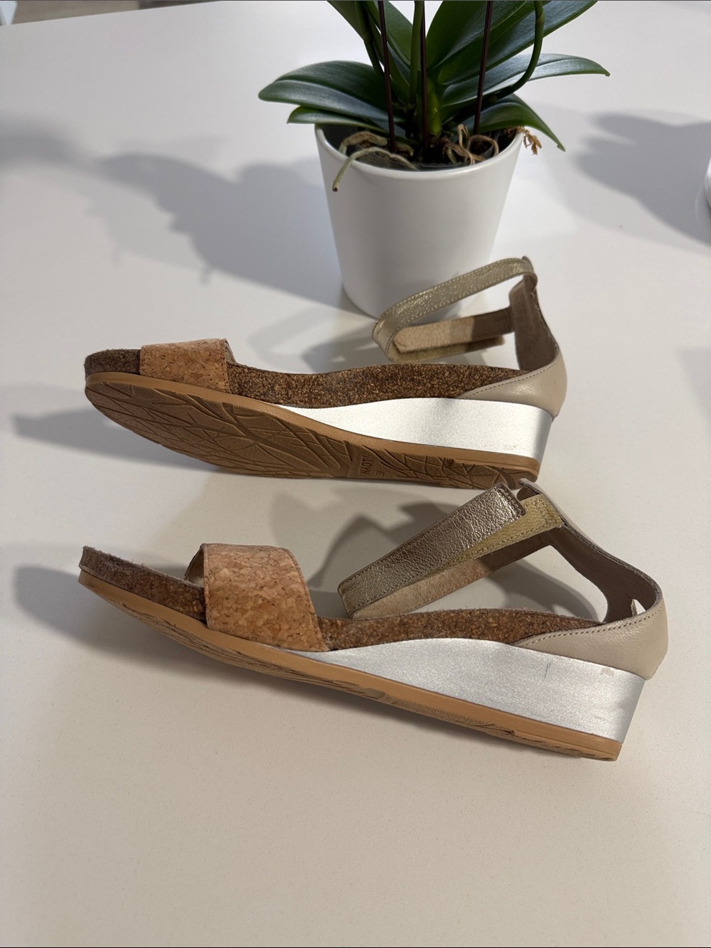 Naot Metallic Champagne and Cork Wedge Sandals